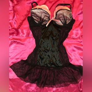 Sheer silky net lace pink scalloped slip chemise intimate push up lingerie dress